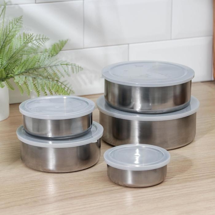 Набор мисок с крышками &laquo;Сталь&raquo;, 5 шт: d=18 см 850 мл, 16 см 600 мл, 14 см 450 мл, 12 см 250 мл, 10 см 150 мл