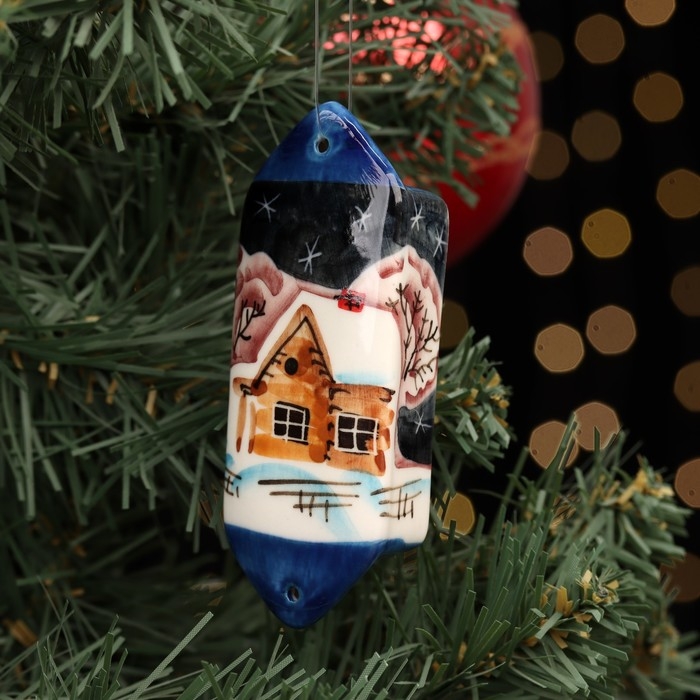Ёлочная игрушка Ёлочная игрушка "Конфета зима ночь синяя", авторская роспись, 10 см, фарфор