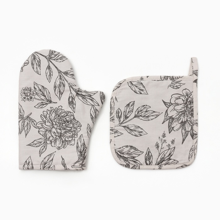 Набор Варежка-прихватка, прихватка Этель "Black flowers" 100% х/л, саржа 190 г/м2