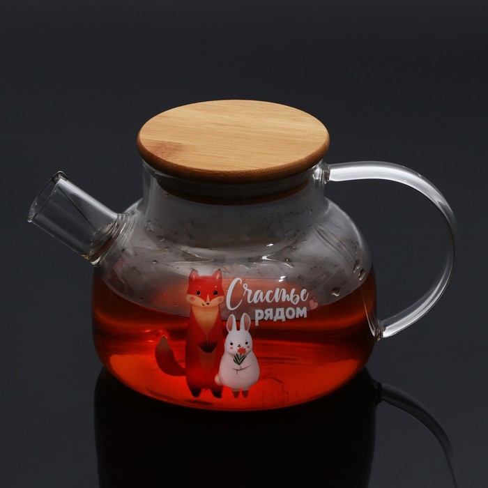Чайник стеклянный заварочный с бамбуковой крышкой &laquo;Счастье рядом&raquo;, 800 мл