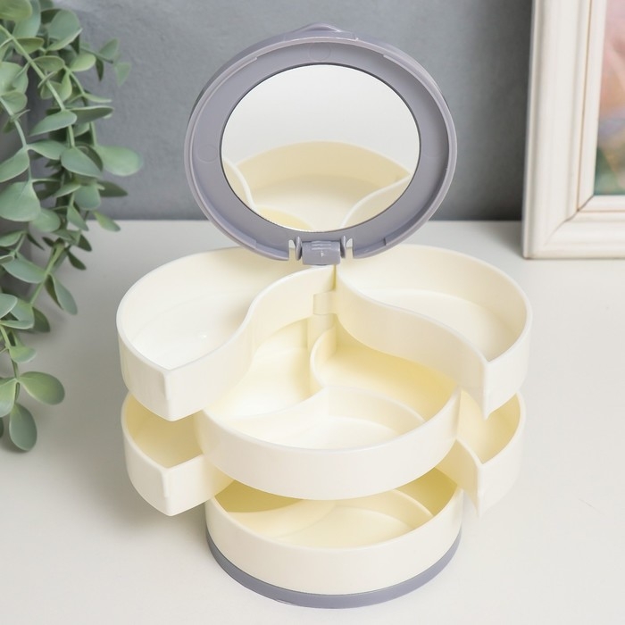 Шкатулка для украшений пластик, зеркало Шкатулка для украшений пластик, зеркало "Круглая. Четыре уровня" белая 10х10х10 см