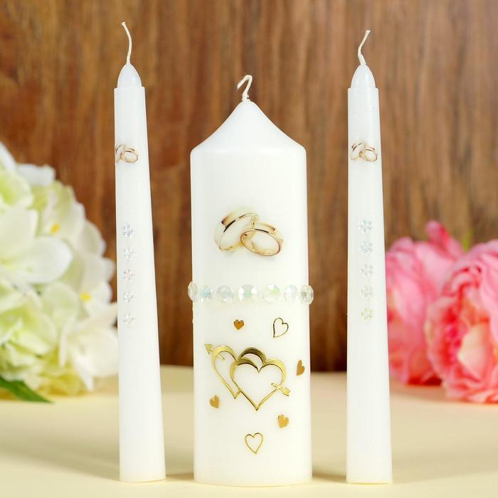 Набор свадебных свечей с бусинами Набор свадебных свечей с бусинами "Обручальные кольца", белый, ручная работа, микс