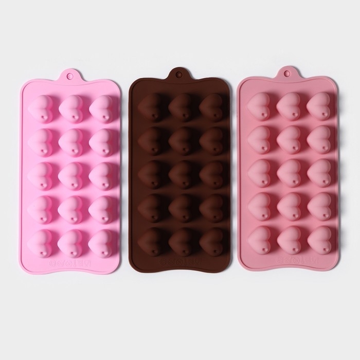 Форма для конфет и шоколада Доляна &laquo;Сердечки&raquo;, силикон, 19,5&times;10&times;1,8 см, 15 ячеек (2,7&times;2,3 см), цвет МИКС