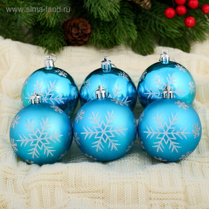 Набор шаров пластик d-7 см, 6 шт "Снегопад" голубой