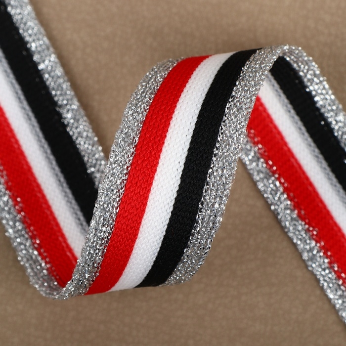 Тесьма трикотажная лампас 25 мм, 9,1 &plusmn; 0,5 м, цвет серебряный/красный/белый/чёрный