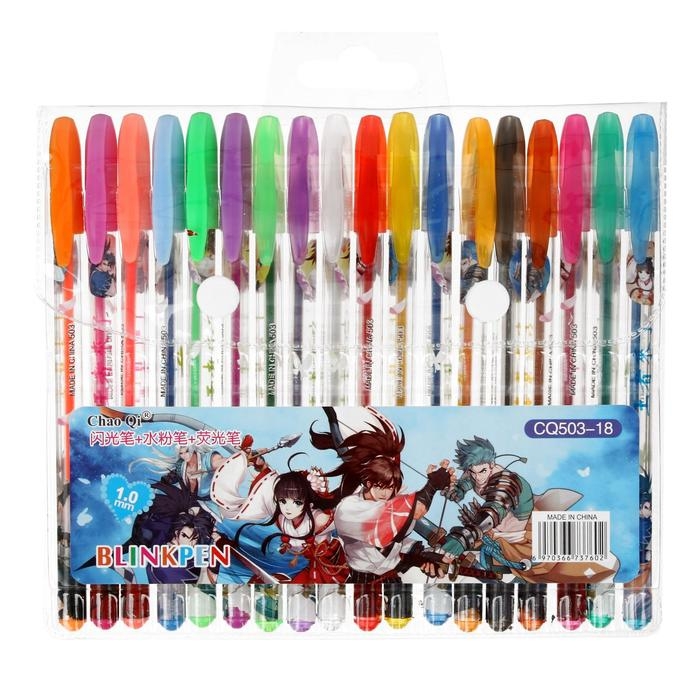 Набор гелевых ручек, 18 цветов, металлик, корпус с рисунком, в блистере на кнопке Набор гелевых ручек, 18 цветов, металлик, корпус с рисунком, в блистере на кнопке