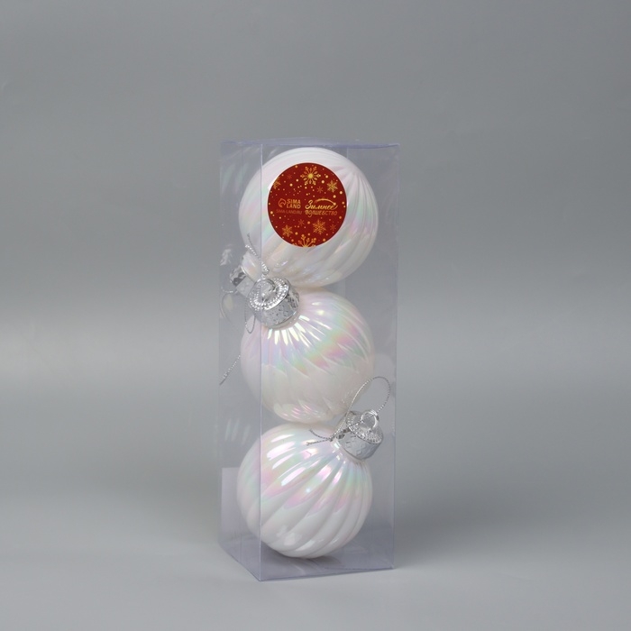 Набор шаров пластик d-8 см, 3 шт "Перелив" полоски, белый перламутр