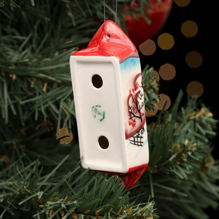 Ёлочная игрушка "Конфета Зима", красная, авторская роспись, 10 см,  фарфор