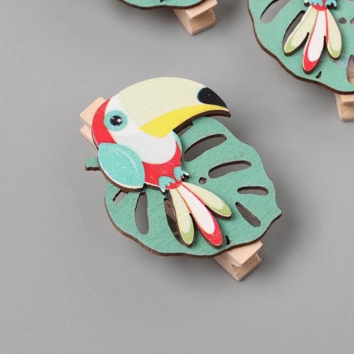 Декор для творчества дерево Декор для творчества дерево "Прищепка. Спящий тукан на листе" набор 3 шт 1,3х3,3х4,5 см