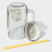 Кружка стеклянная с крышкой и трубочкой Доляна &laquo;Комикс&raquo;, 450 мл, 10&times;7,5&times;13 см