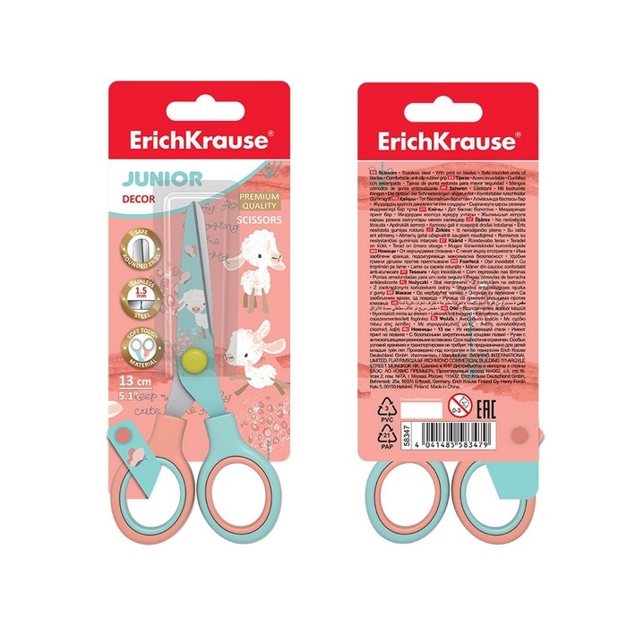 Ножницы детские 13 см, ErichKrause Junior Decor Curly Sheep, с принтом на лезвиях, закруглённые концы, блистер Ножницы детские 13 см, ErichKrause Junior Decor Curly Sheep, с принтом на лезвиях, закруглённые концы, блистер