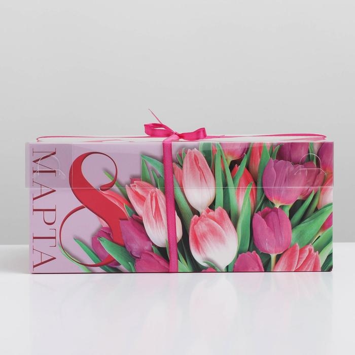 Коробка для капкейков, кондитерская упаковка с PVC крышкой, 6 ячеек &laquo;Тюльпаны&raquo;, 8 марта, 23 х 16 х 10 см