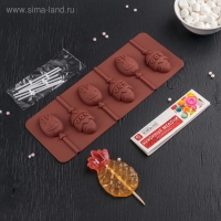 Форма для леденцов Доляна &laquo;Пасхальный кролик&raquo;, силикон, 26&times;10&times;1 см, 6 ячеек, с палочками, цвет коричневый