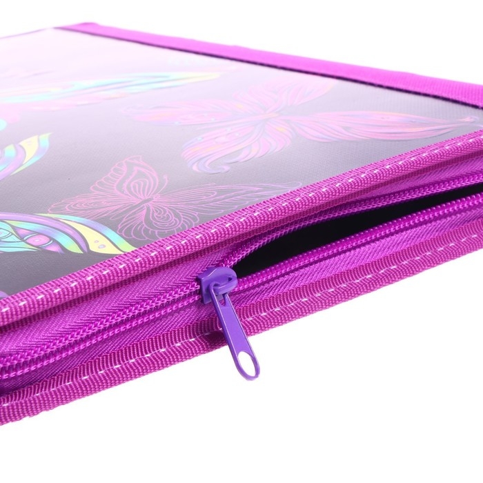 Папка-пенал для труда А4, 340 х 240 х 30 мм, с ручкой, молния вокруг, наполнение 27 предметов, Calligrata, Папка-пенал для труда А4, 340 х 240 х 30 мм, с ручкой, молния вокруг, наполнение 27 предметов, Calligrata,"Бабочки", ламинированный картон (объемный 3D-рисунок с эффектом металлика)