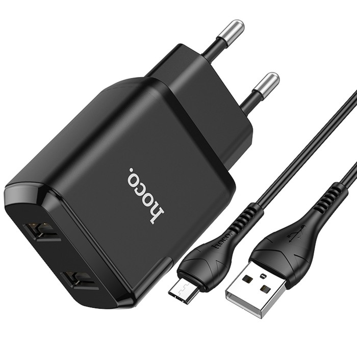 Сетевое зарядное устройство Hoco N7, 2 USB - 2.1 А, кабель microUSB 1 м, черный Сетевое зарядное устройство Hoco N7, 2 USB - 2.1 А, кабель microUSB 1 м, черный
