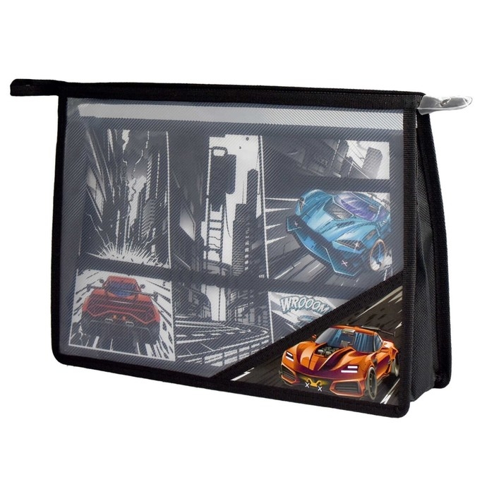 Папка для труда А4, молния сверху, пластиковая, Феникс Папка для труда А4, молния сверху, пластиковая, Феникс "Гонки" чёрная