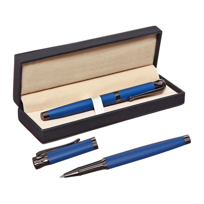 Ручка подарочная роллер в кожзам футляре Офис корпус синий Ручка подарочная роллер в кожзам футляре Офис корпус синий