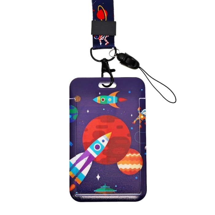 Бейдж-карман вертикальный пластиковый, внешний 110x68мм, внутренний 85x54мм, лента 80x2см, Бейдж-карман вертикальный пластиковый, внешний 110x68мм, внутренний 85x54мм, лента 80x2см, "Космос".