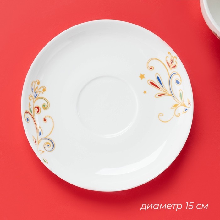 Новогодняя чайная пара Доляна &laquo;Сани Деда Мороза&raquo;, 2 предмета: чашка 210 мл, блюдце d=15 см, фарфор, цвет белый