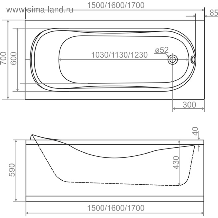 Ванна акриловая DOMANI-Spa Classic, 150х70х59 см, без каркаса и экрана
