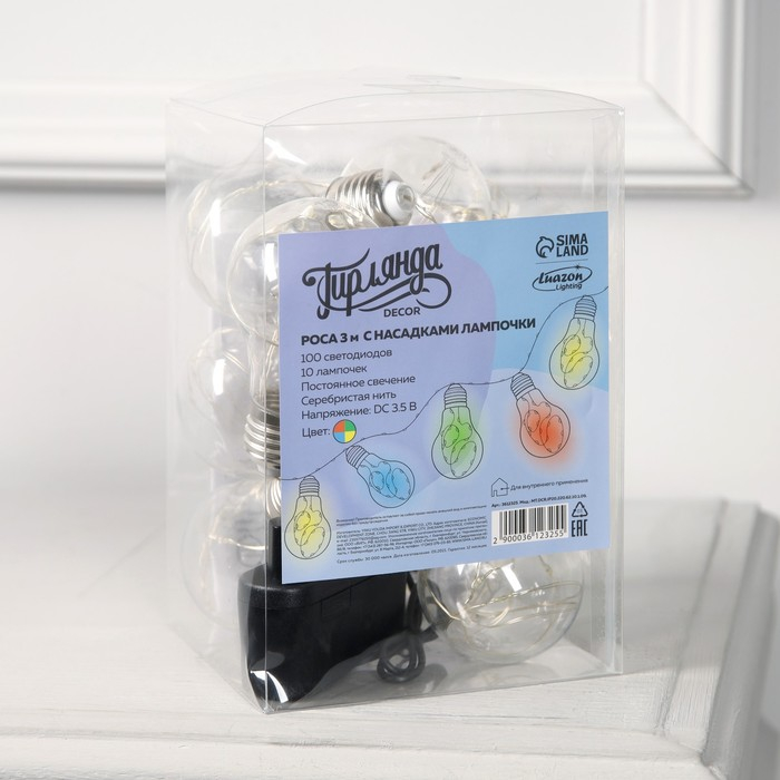 Гирлянда &laquo;Нить&raquo; 3 м с насадками &laquo;Лампочки&raquo;, IP20, серебристая нить, 100 LED, свечение мульти, 3.5 В