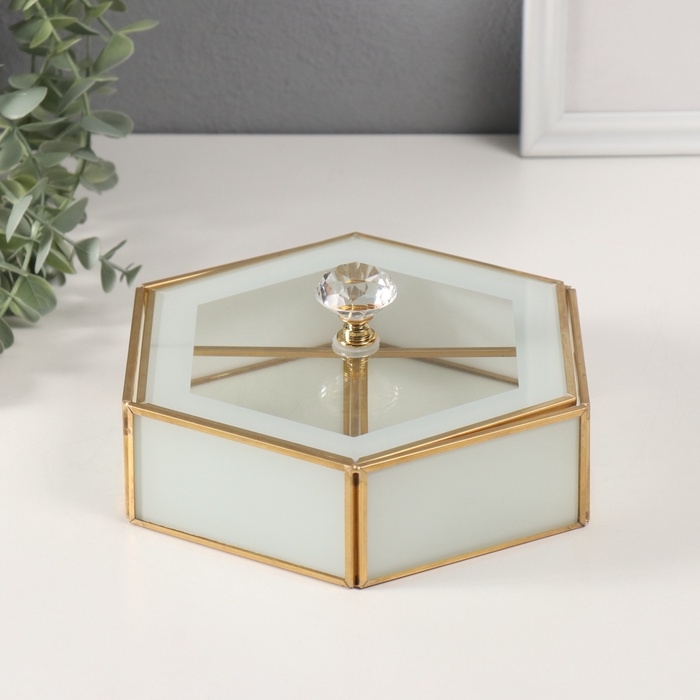 Шкатулка стекло с металлическим каркасом "Шестиугольник" прозрачный белый 17,5х20х8 см