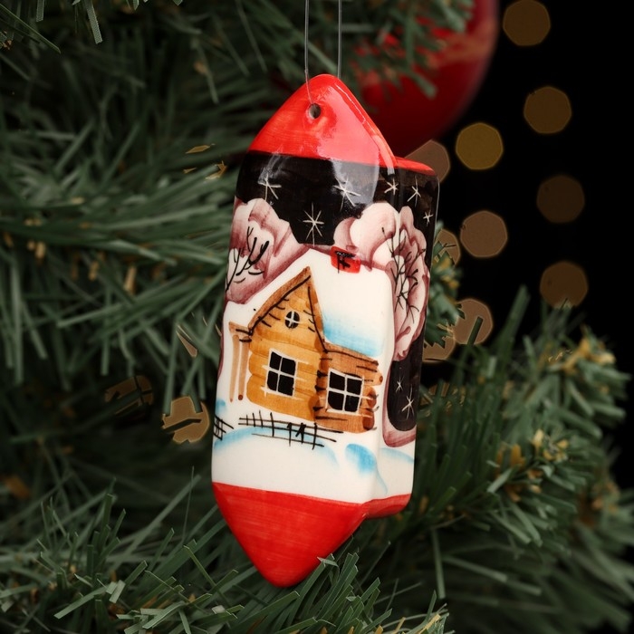 Ёлочная игрушка Ёлочная игрушка"Конфета Зима ночь красная", авторская роспись, 10 см, фарфор