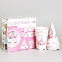 Набор бумажной посуды одноразовый Единорог&raquo;, 6 тарелок, 6 стаканов, 6 колпаков, 1 гирлянда