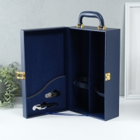 Шкатулка дерево, кожзам под 2 бутылки "Николь" синий 2 предмета 11,5х20,5х37 см