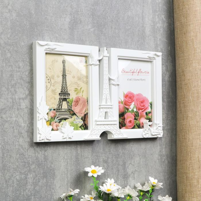 Фоторамка пластик на 2 фото 10х15 см Фоторамка пластик на 2 фото 10х15 см "Эйфелева башня и чайки" белая 17,5х28х3 см