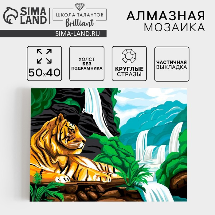 Алмазная мозаика с частичным заполнением на холсте &laquo;Тигр у водопада&raquo;, 40 х 50 см