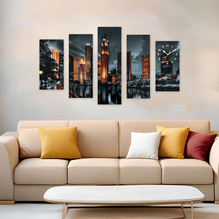 Часы-картина настенные модульные "Город", бесшумные, 80 х 140 см