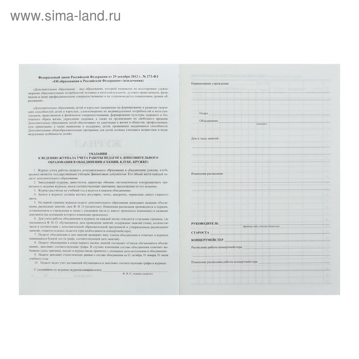 Журнал учёта работы педагога дополнительного образования в объединении (секции, клубе, кружке) А4, 20 листов, обложка офсет 120 г/м&sup2;, блок писчая бумага 60 г/м&sup2;