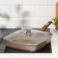 Сковорода-гриль &laquo;Гранит Brown&raquo;, квадратная, 28&times;28 см, съёмная ручка, стеклянная крышка, антипригарное покрытие, цвет коричневый