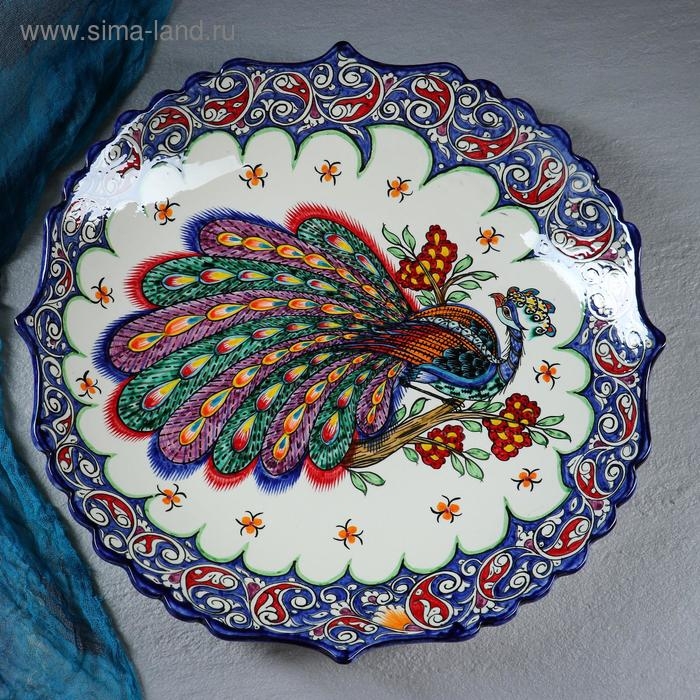 Ляган Риштанская Керамика "Жар птица", 42 см, синий, рифлённый