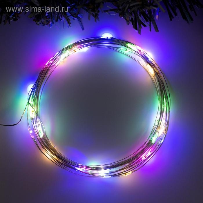 Гирлянда &laquo;Нить&raquo; 5 м роса, IP20, серебристая нить, 50 LED, 2 режима, батарейки AAх3 (нет в комплекте), свечение мульти