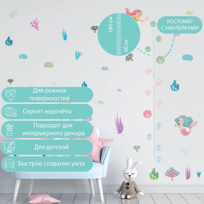 Наклейка интерьерная цветная ростомер Наклейка интерьерная цветная ростомер "Русалочки" 50х70 см
