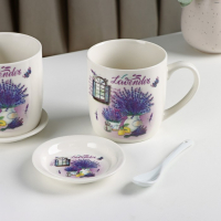 Набор кружек керамических с ложками и подставками &laquo;Букет лаванды&raquo;, 2 предмета: 330 мл, рисунок МИКС