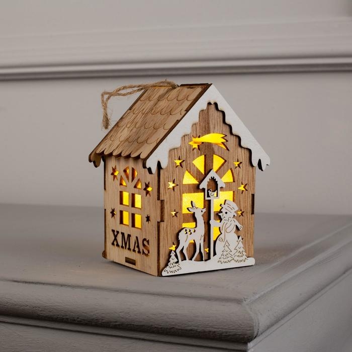 Ёлочная игрушка &laquo;Домик с оленем и снеговиком&raquo;, от батареек, свечение тёплое белое