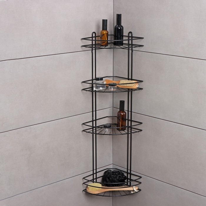 Полка угловая для ванной 4-х ярусная Native, 175&times;175&times;762 мм, цвет черный матовый