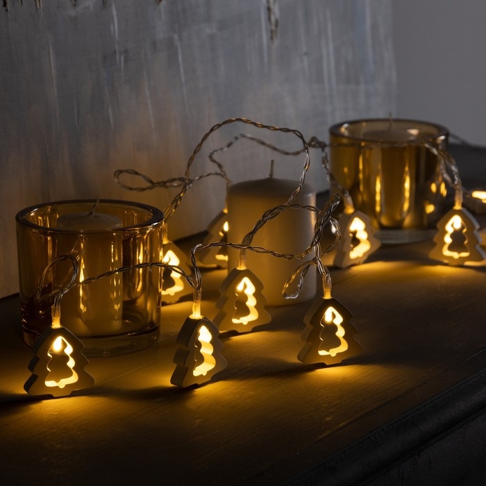 Гирлянда &laquo;Нить&raquo; 2.5 м с насадками &laquo;Ёлочка&raquo;, IP20, прозрачная нить, 10 LED, батарейки AAх2 (не в комплекте), свечение тёплое белое
