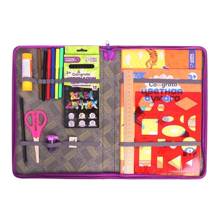 Папка-пенал для труда А4, 340 х 240 х 30 мм, с ручкой, молния вокруг, наполнение 27 предметов, Calligrata, Папка-пенал для труда А4, 340 х 240 х 30 мм, с ручкой, молния вокруг, наполнение 27 предметов, Calligrata,"Бабочки", ламинированный картон (объемный 3D-рисунок с эффектом металлика)