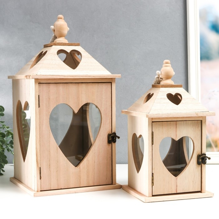 Подсвечник дерево Подсвечник дерево "Фонарь домик с сердцами" набор 2 шт 28х14,5х14,5; 38х19,5х19,5 см