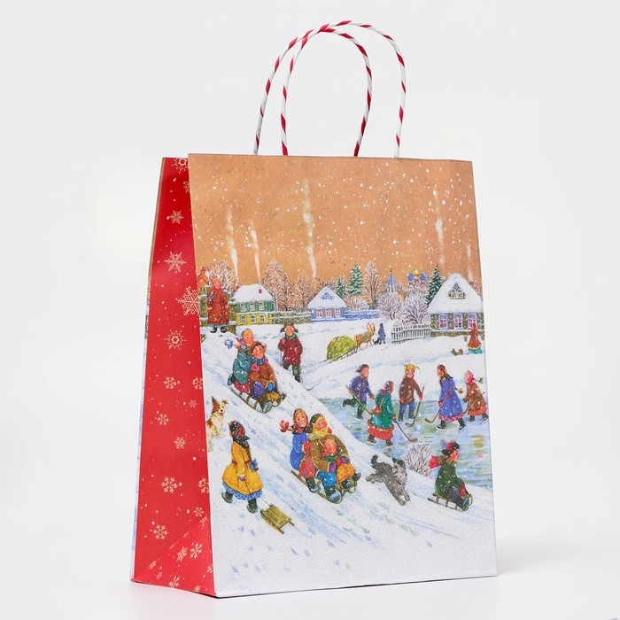 Новый год. Пакет бумажный подарочный новогодний крафт "Новогоднее настроение" 26 х 32 х 12 см.
