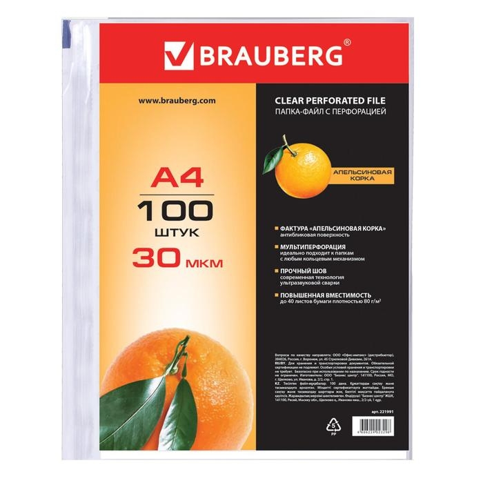 Файл-вкладыш А4, 30 мкм, BRAUBERG, тиснение, вертикальный, 100 штук Файл-вкладыш А4, 30 мкм, BRAUBERG, тиснение, вертикальный, 100 штук