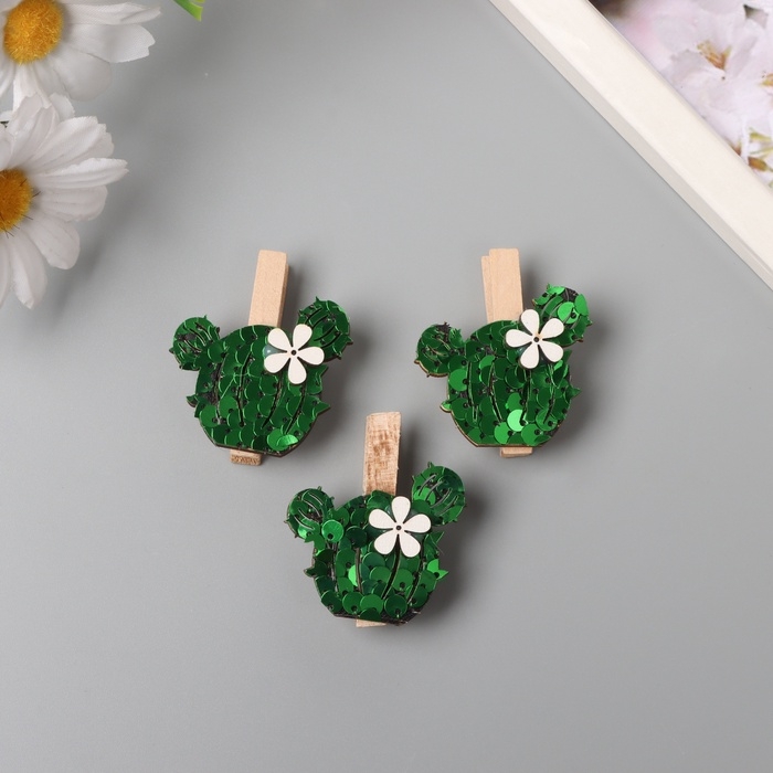 Декор для творчества дерево Декор для творчества дерево "Прищепка. Кактус с цветком" пайетки набор 3 шт 1,5х4х4,8 см