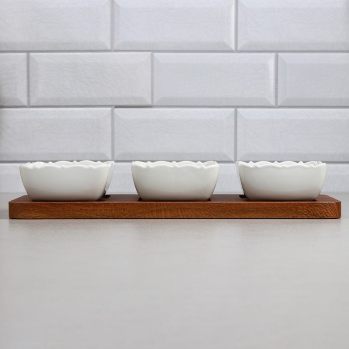 Менажница «Волна», 3 шт:400 мл, деревянное основание, фарфор, Иран Менажница «Волна», 3 шт:400 мл, деревянное основание, фарфор, Иран