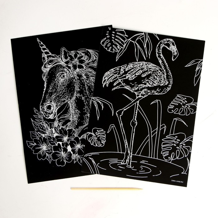 Набор гравюр &laquo;Единорог и фламинго&raquo; с металлическим эффектом &laquo;золото&raquo;, 2 шт., А5