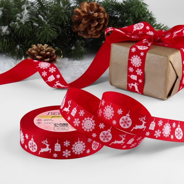 Новый год! Лента репсовая &laquo;Олени&raquo;, 25 мм, 23 &plusmn; 1 м, цвет красный №1133