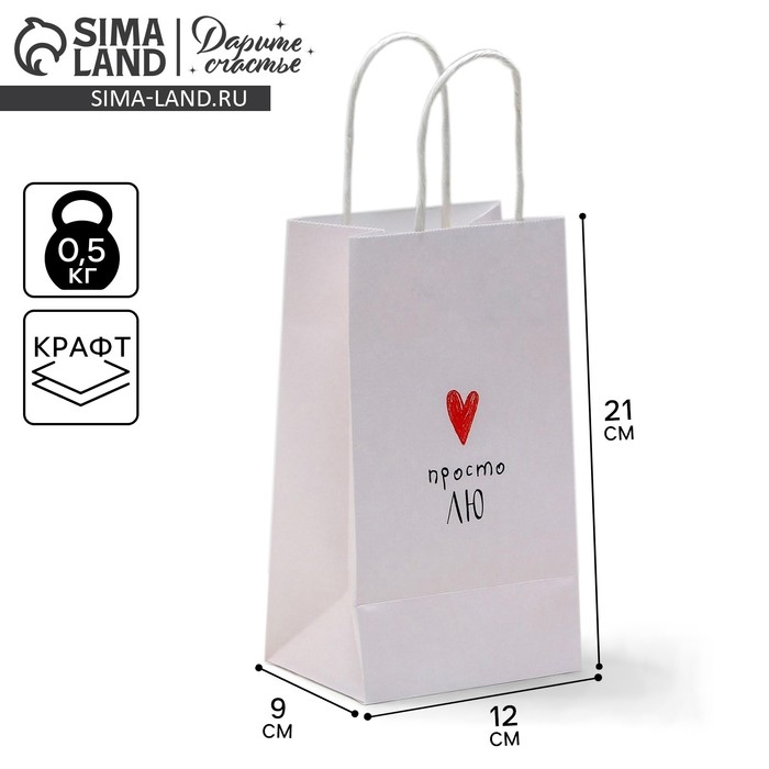 Пакет подарочный крафтовый, упаковка, &laquo;Просто Лю&raquo;, 12 х 21 х 9 см